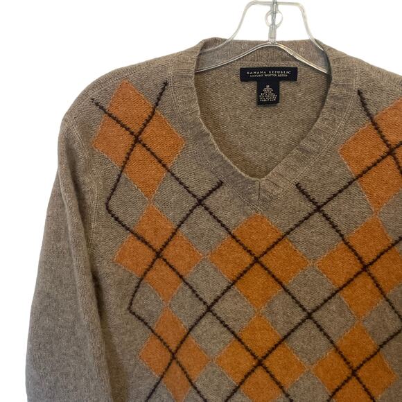 Banana Republic Cashmere Blend Preppy Sweater Mens Medium Tan Argyle Academia - Picture 2 of 7